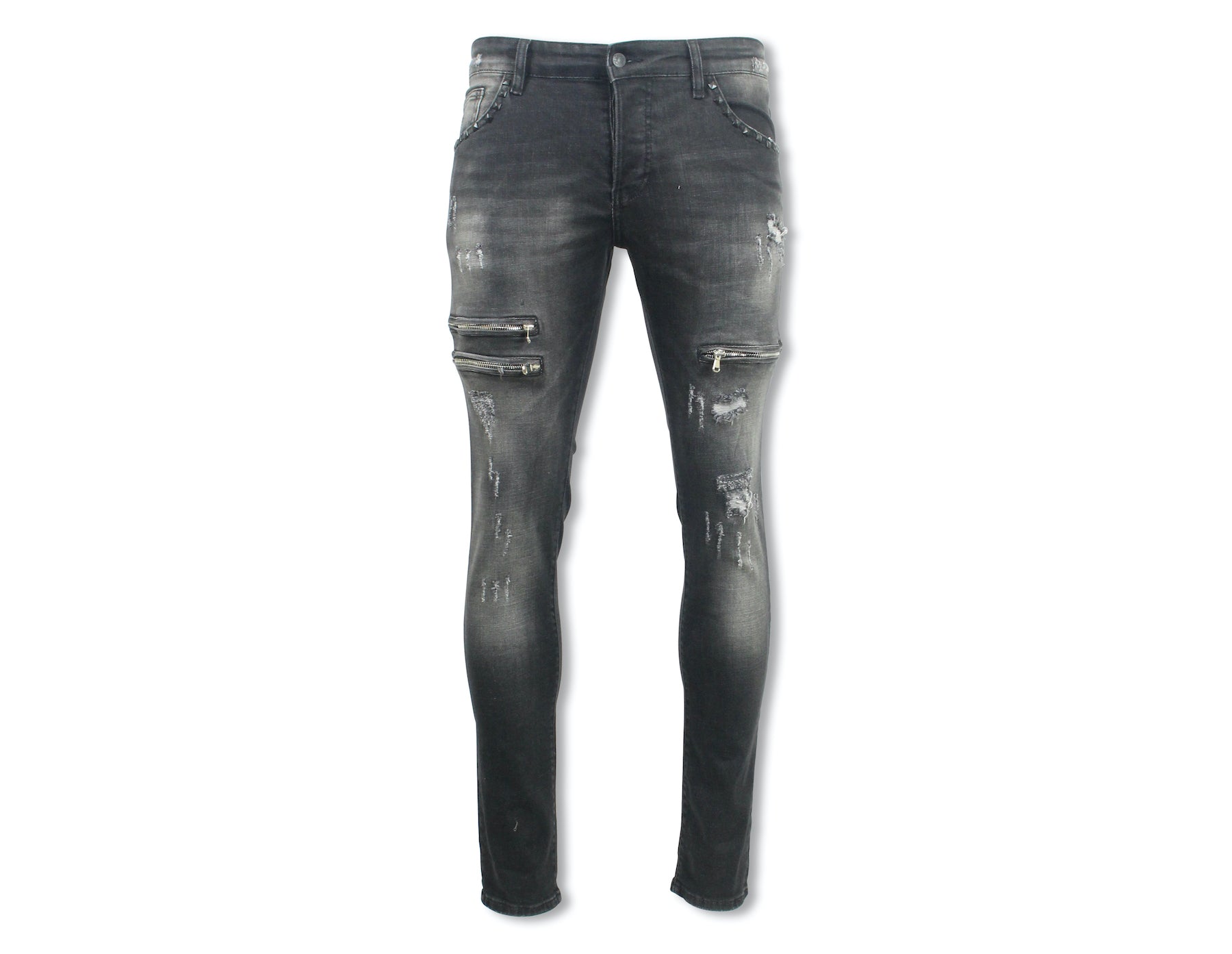 Heritage Zipper Distressed Stretch Denim